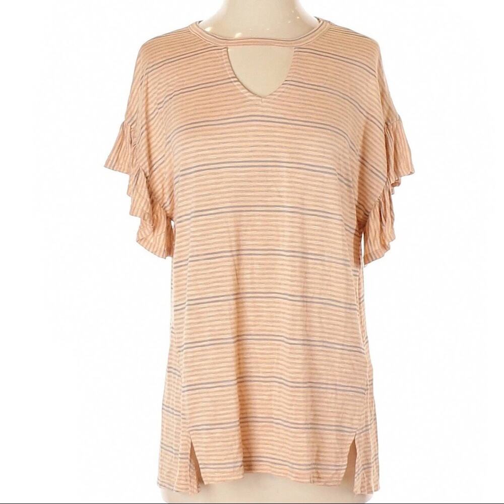 Main Strip short ruffle sleeve boho striped tan gray tunic shirt top